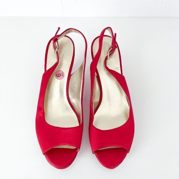Nine West Womens Satin Slingback Platform Peep Toe Heels Red Size 9 - Picture 1 of 7